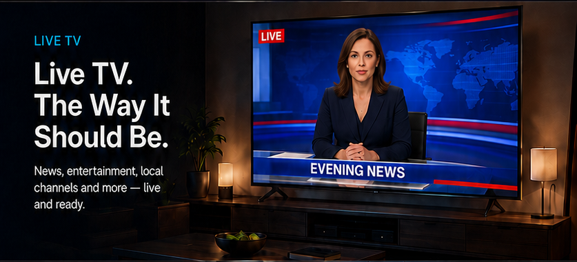 Live TV showing an evening news broadcast